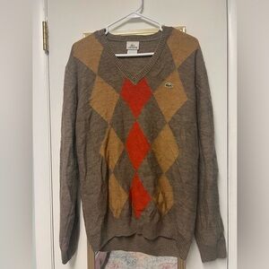 Lacoste Men's V-Neck Argyle Sweater - Brown and Red